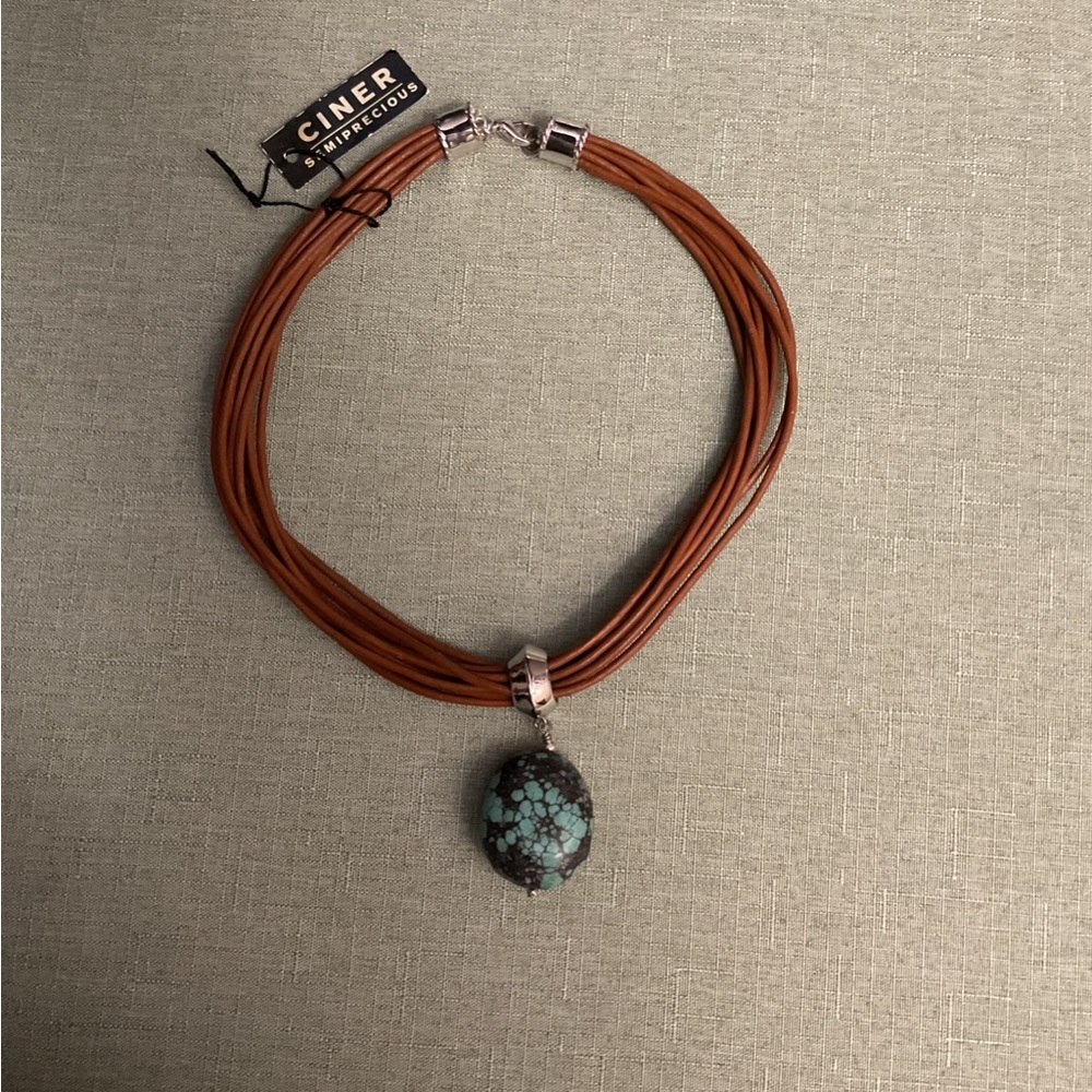 CINER Vintage Necklace /leather cord with semiprecious turquoise pendant. 17” L